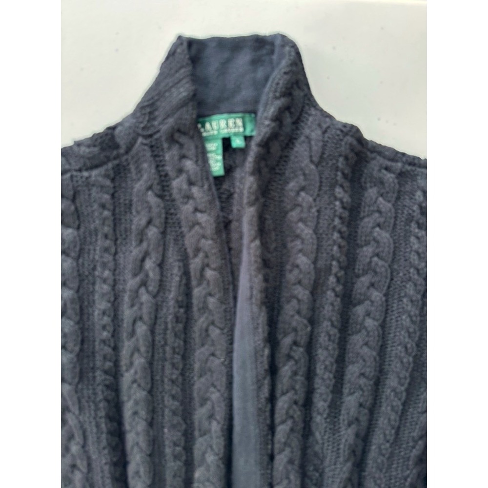 Lauren Ralph Lauren Black Cable Knit Chunky Cardigan Velvet Belt XL NWT Whimsy - Picture 6 of 10
